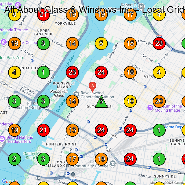 All About Glass & Windows Inc Glass & Mirror Shop GeoGrid ranking map for Long Island City NY